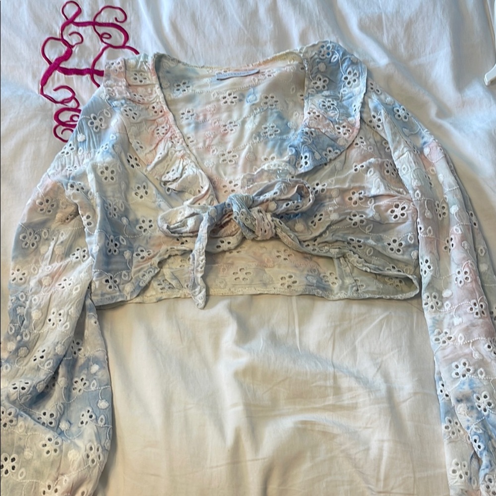 Cream Ruffled Tie Front Crop Blouse with Sailor Collar